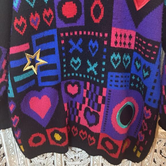 Vintage 90's Art Knit Sweater Crazy Pattern 3D Hearts Stars Geometric Print - Picture 2 of 11